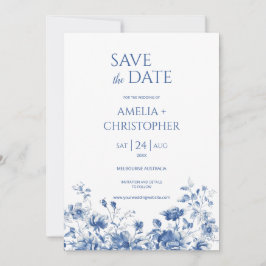 Sla de datum briefkaart, in blauwe tinten met bloe save the date