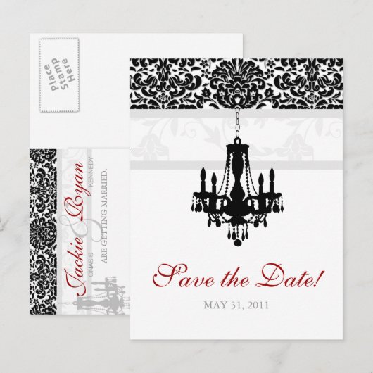 Sla de datum Briefkaart kroonluchter Damask BW (Voorkant / Achterkant)