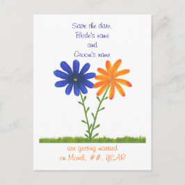 Sla de datum briefkaarten, blauw sinaasappel bloem aankondigingskaart