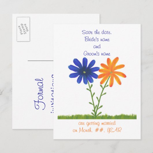 Sla de datum briefkaarten, blauw sinaasappel bloem aankondigingskaart (Voorkant / Achterkant)