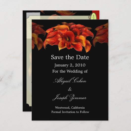Sla de datum briefkaarten, oranje calla lelies aankondigingskaart (Voorkant / Achterkant)