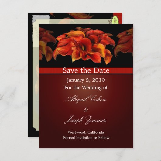 Sla de datum briefkaarten, oranje calla lelies aankondigingskaart (Voorkant / Achterkant)