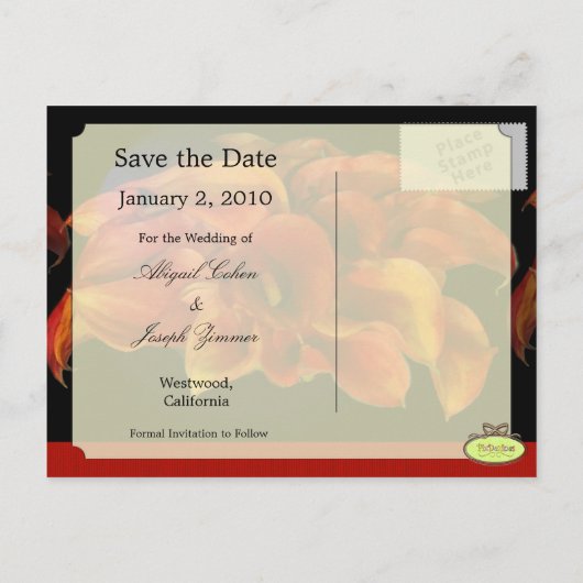 Sla de datum briefkaarten, oranje calla lelies aankondigingskaart (Achterkant)