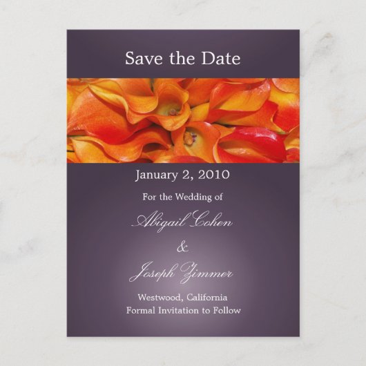 Sla de datum briefkaarten, oranje calla lelies aankondigingskaart (Voorkant)