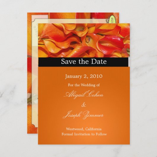 Sla de datum briefkaarten, oranje calla lelies aankondigingskaart (Voorkant / Achterkant)