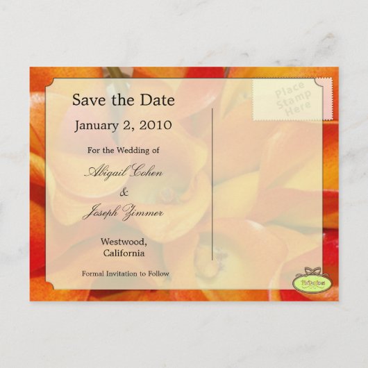 Sla de datum briefkaarten, oranje calla lelies aankondigingskaart (Achterkant)