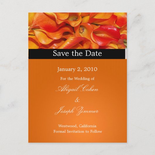 Sla de datum briefkaarten, oranje calla lelies aankondigingskaart (Voorkant)