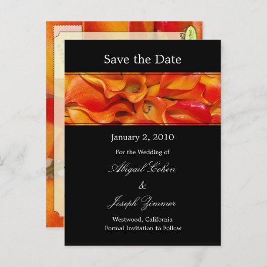 Sla de datum briefkaarten, oranje calla lelies aankondigingskaart (Voorkant / Achterkant)