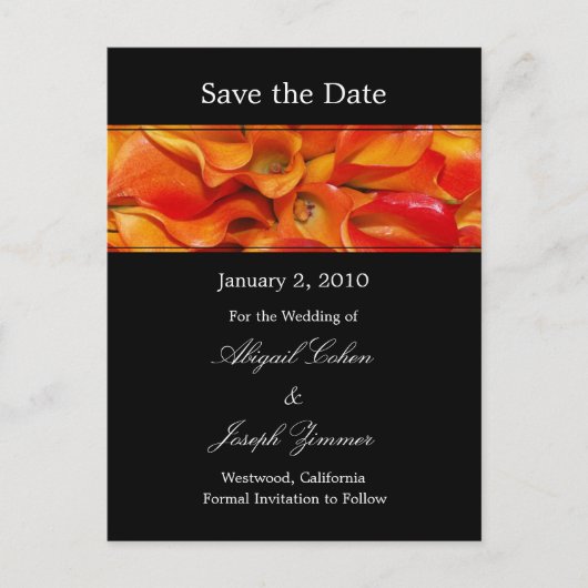 Sla de datum briefkaarten, oranje calla lelies aankondigingskaart (Voorkant)