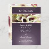 Sla de datum briefkaarten, paarse calla lelies aankondigingskaart (Voorkant / Achterkant)