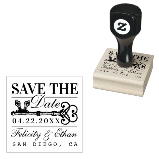 Sla de datum bruiloft  Antiek sleutel op Rubberstempel (Gestempeld)