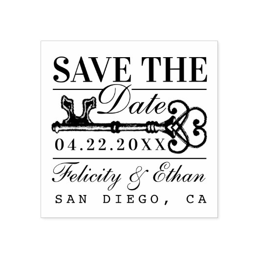 Sla de datum bruiloft  Antiek sleutel op Rubberstempel (Afrduk)