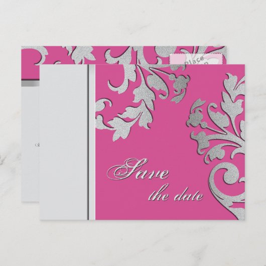 Sla de datum bruiloft Briefkaart Fuchsia Pink Silv (Voorkant / Achterkant)