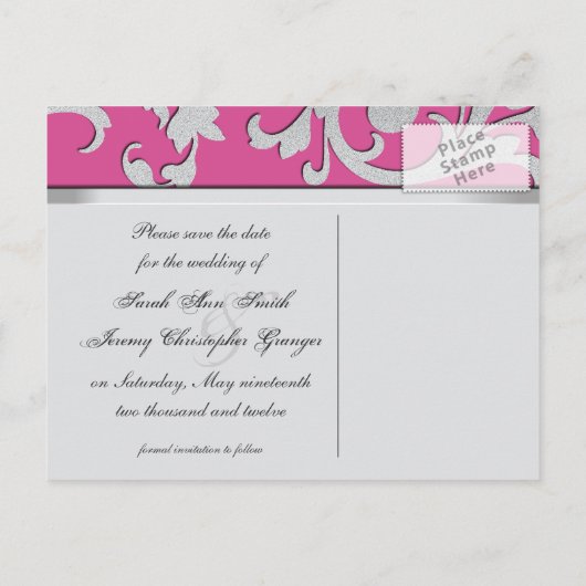 Sla de datum bruiloft Briefkaart Fuchsia Pink Silv (Achterkant)