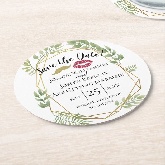 Sla de datum bruiloft goud en blad ontwerp lippen ronde kartonnen onderzetter (Gebogen)
