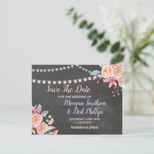 Sla de datum bruiloft Kaart perzik bloem krijt (Staand voorkant)