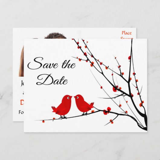 Sla de datum bruiloft Tortelduifjes Photo Post Kaa Aankondigingskaart (Voorkant / Achterkant)