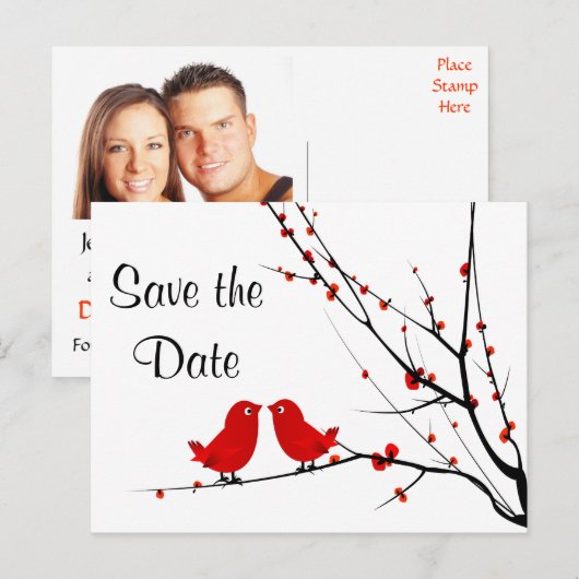 Sla de datum bruiloft Tortelduifjes Photo Post Kaa Aankondigingskaart (Voorkant / Achterkant)