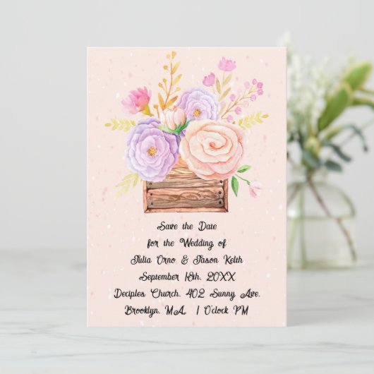 Sla de datum bruiloft uitnodiging perzik bloemen (Staand voorkant)