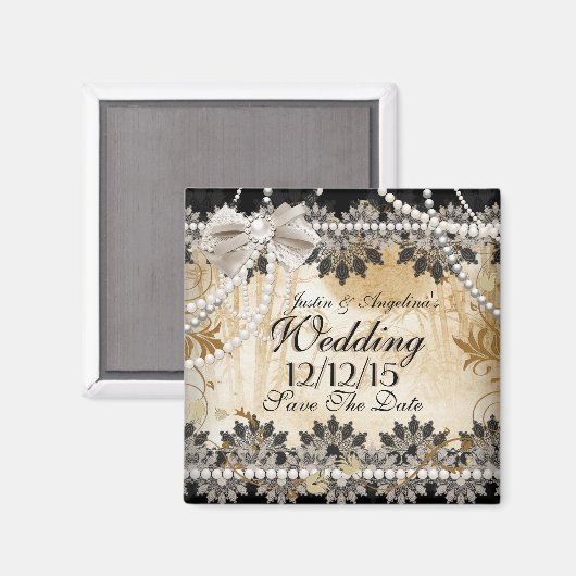 Sla de datum bruiloft zwart crème beige magneet (Voorkant / Achterkant)