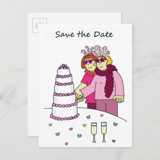 Sla de datum Cartoon Vrouw paar Aankondigingskaart (Voorkant / Achterkant)
