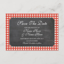 Sla de datum Chalk Red Check Rustic Wedding Kaart