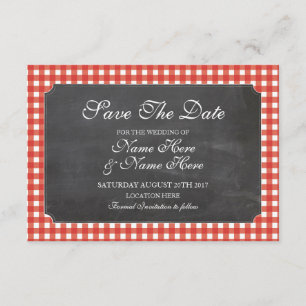 Sla de datum Chalk Red Check Rustic Wedding Kaart
