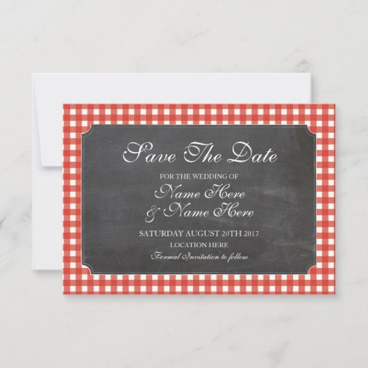 Sla de datum Chalk Red Check Rustic Wedding Kaart (Voorkant)