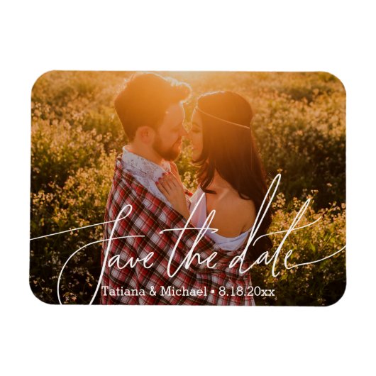 Sla de datum chic trendy script, koppel foto op magneet (Horizontaal)