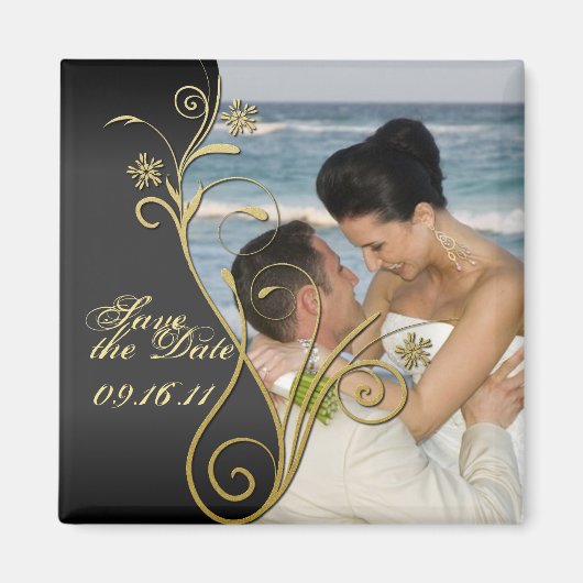 Sla de datum Classy Black & Gold Floral Magnet op (Voorkant)