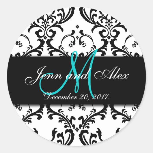 Sla de Datum Damask Stickers Monogram Namen op (Voorkant)