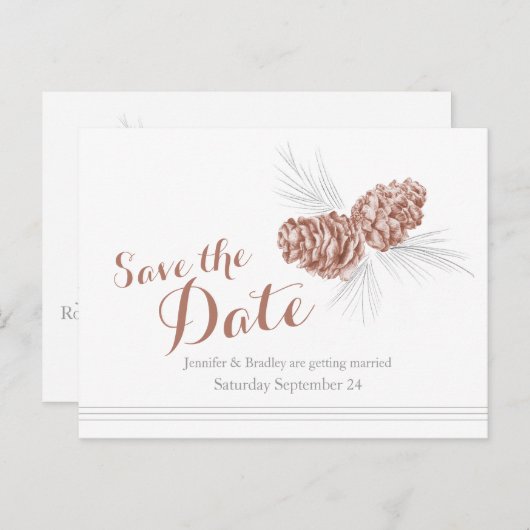 Sla de datum dennenappels trouwkaart op aankondigingskaart (Voorkant / Achterkant)