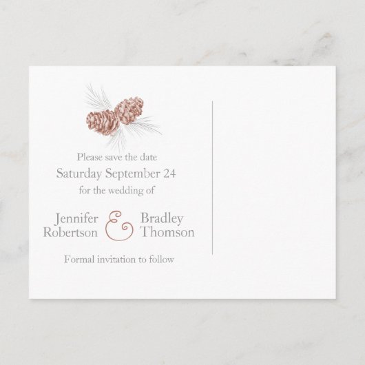 Sla de datum dennenappels trouwkaart op aankondigingskaart (Achterkant)