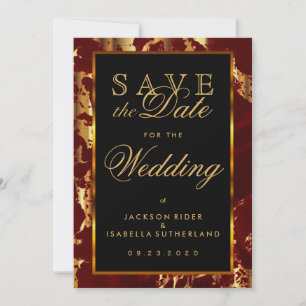 Sla de datum donkerrood en goudmarmer op save the date