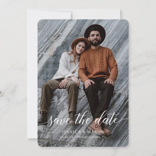 Sla de datum dubbelzijdig fotokaart op save the date (Voorkant)