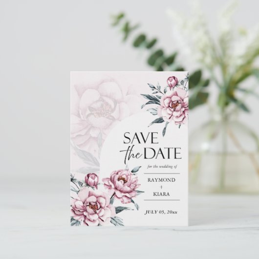 Sla de datum Dusky Pink Peony bruiloft uitnodiging (Staand voorkant)
