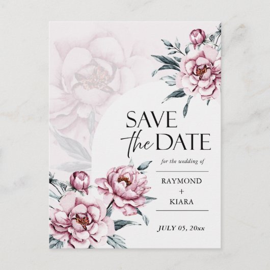 Sla de datum Dusky Pink Peony bruiloft uitnodiging (Voorkant)