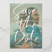 Sla de datum echte zilveren kalligrafie foto folie uitnodiging (Voorkant)