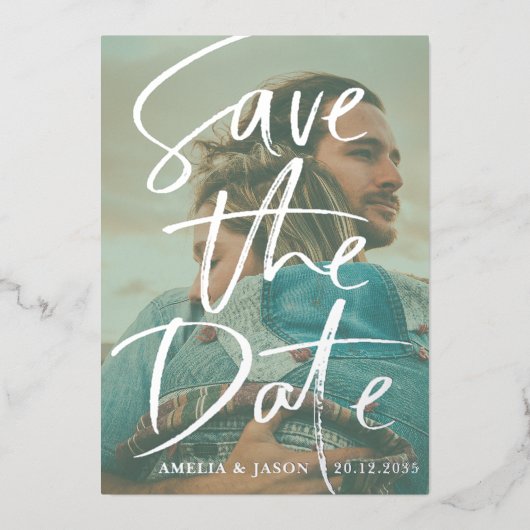 Sla de datum echte zilveren kalligrafie foto folie uitnodiging (Voorkant)