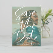 Sla de datum echte zilveren kalligrafie foto folie uitnodiging (Staand Voorkant)