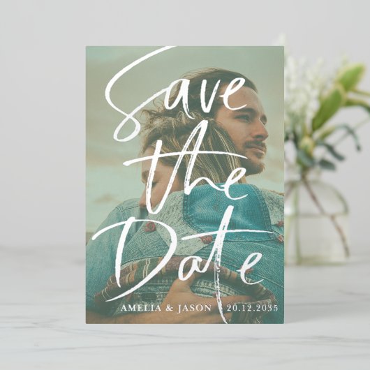 Sla de datum echte zilveren kalligrafie foto folie uitnodiging (Staand Voorkant)