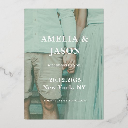 Sla de datum echte zilveren kalligrafie foto folie uitnodiging (Achterkant)