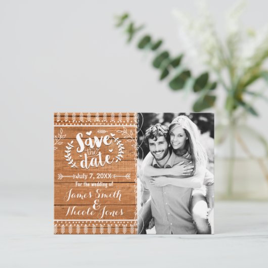 Sla de datum eiken hout rustieke foto uitnodiging (Staand voorkant)
