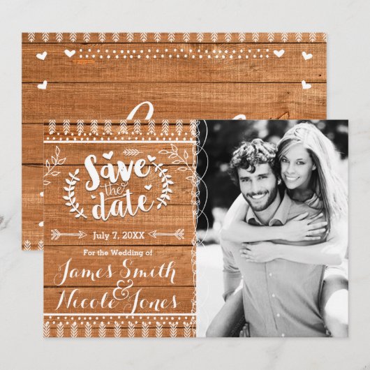 Sla de datum eiken hout rustieke foto uitnodiging (Voorkant / Achterkant)