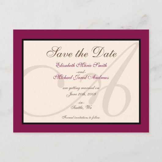 Sla de datum Elegant Monogram Maroon Briefkaart (Voorkant)