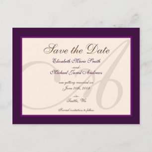 Sla de datum Elegant Monogram Paarse Briefkaart
