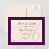 Sla de datum Elegant Monogram Paarse Briefkaart (Voorkant / Achterkant)