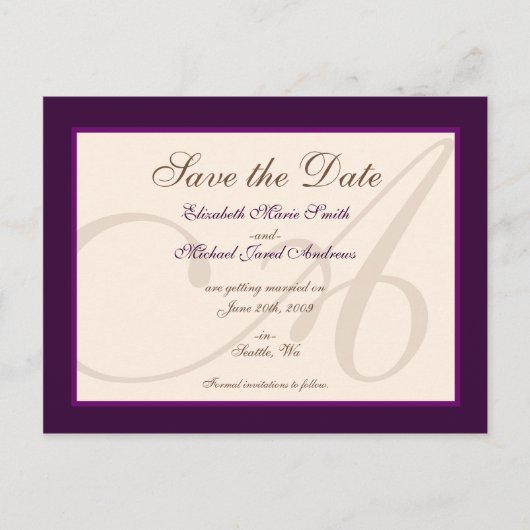 Sla de datum Elegant Monogram Paarse Briefkaart (Voorkant)