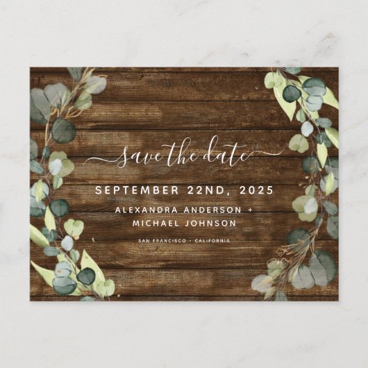 Sla de datum Eucalyptus groen rustiek hout Aankondigingskaart (Voorkant)