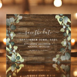 Sla de datum Eucalyptus groen rustiek hout Aankondigingskaart<br><div class="desc">Eucalyptus Green Succulent Botanische Waterverf Spring Wedding Save the Date Kaart op Rustieke Country Wood-achtergrond - bevat een mooie en elegante scripttypografie met moderne botanische bladeren en groen voor de speciale huwelijksdag.</div>